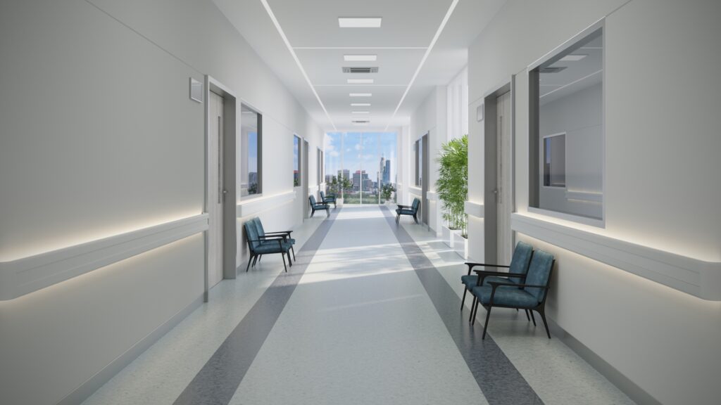 พื้นไวนิล กระเบื้องยาง โรงพยาบาล โถงทางเดิน